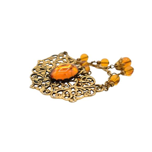 Cabochon Amber Brooch Pin Antiqued Gold Jelly Beaded Chain Dangle Vintage Bin5A - Picture 10 of 12